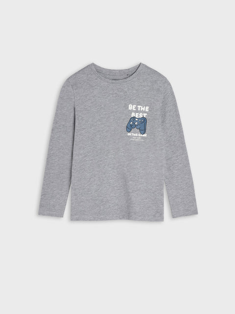 Gray long-sleeve shirt with graphic design on a white background