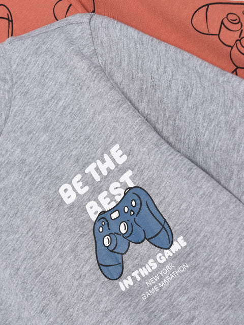 Gray sweatshirt with blue gaming controller graphic and text on a red background