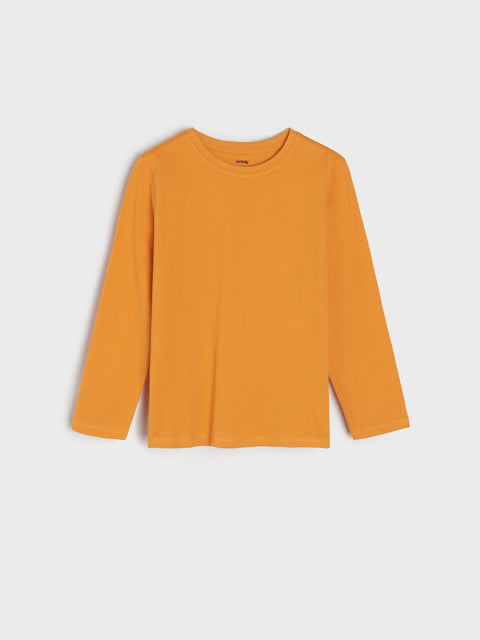 Orange long-sleeve shirt on a light gray background