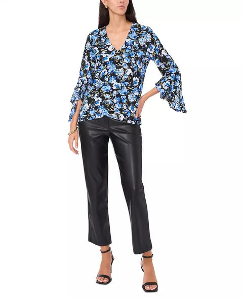 Vince Camuto Women's Black & Blue Floral V-Neck 3/4-Flutter-Sleeve Blouse | Vince Camuto In Lebanon