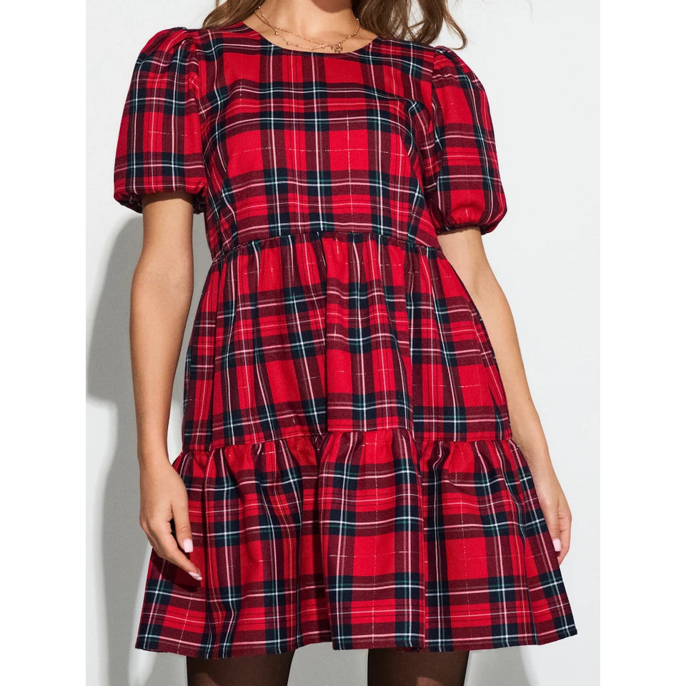 A red plaid puff-sleeve mini dress with a tiered skirt, shown on a model against a plain white background.