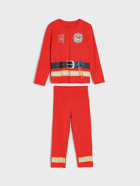Red children's pajama set with firefighter design on a white background