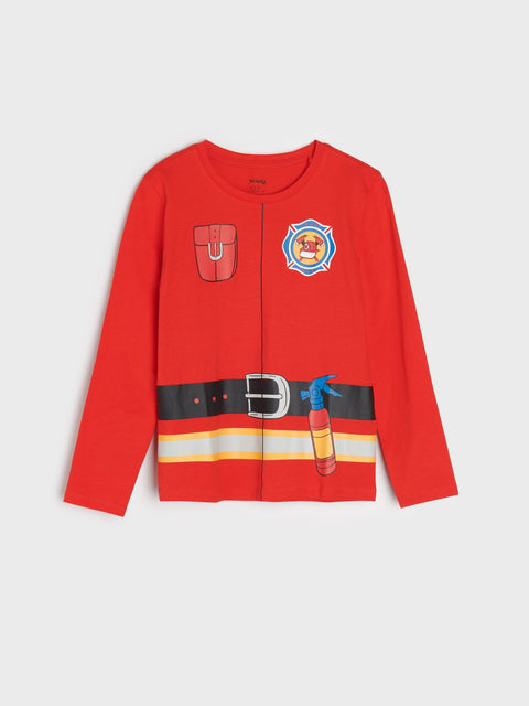 Red children's sweater with firefighter design on a white background