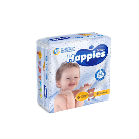 Box of Happies diapers with a child on the packaging against a white background