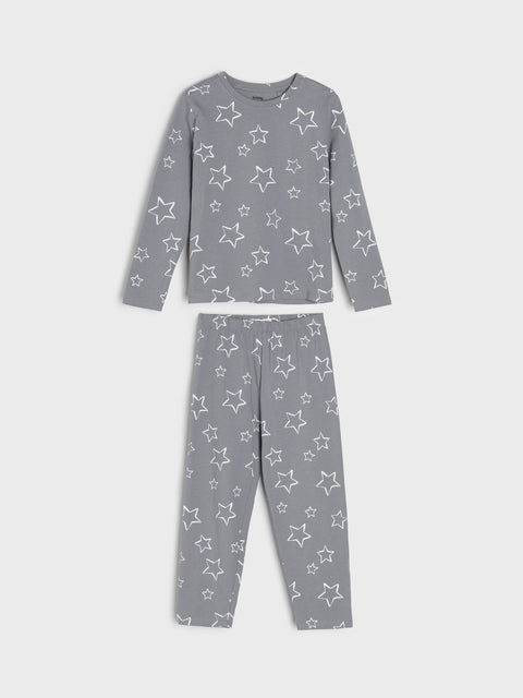 Gray pajama set with star pattern on a white background