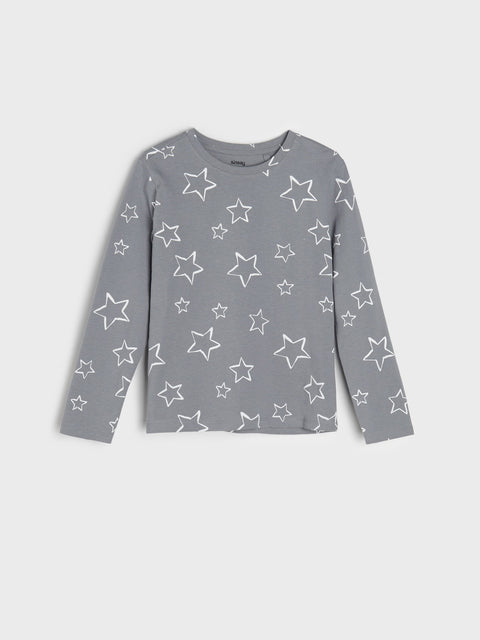 Gray long-sleeve shirt with star pattern on a white background