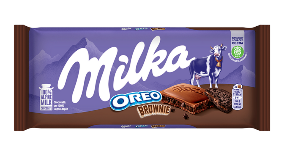Milka Oreo Brownie chocolate bar packaging on a white background