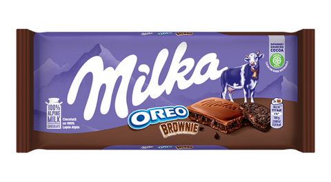Milka Oreo Brownie chocolate bar packaging on a white background