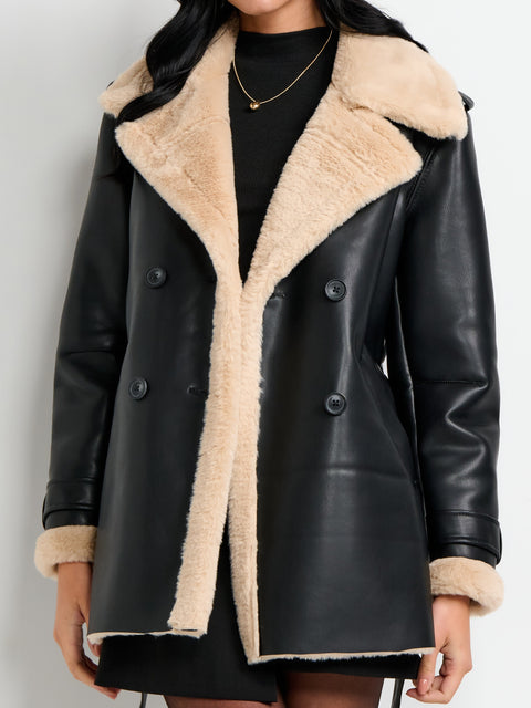 Sinsay Women's Black & Beige Leather Faux Fur Coat|Sinsay In Lebanon