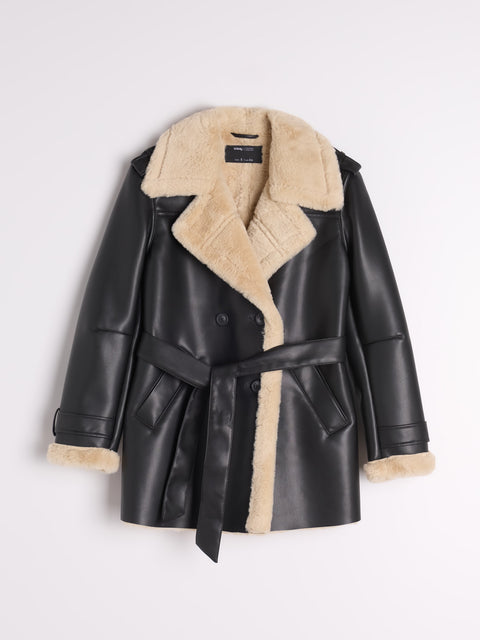 Sinsay Women's Black & Beige Leather Faux Fur Coat|Sinsay In Lebanon