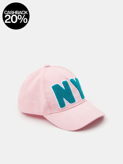 Pink cap with 'NY' in teal on a light gray background