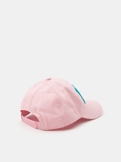 Pink baseball cap with a small blue detail on a white background