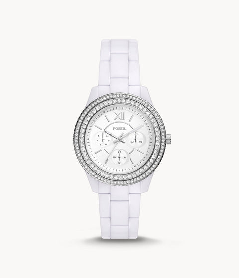 White ceramic watch with a silver bezel on a white background