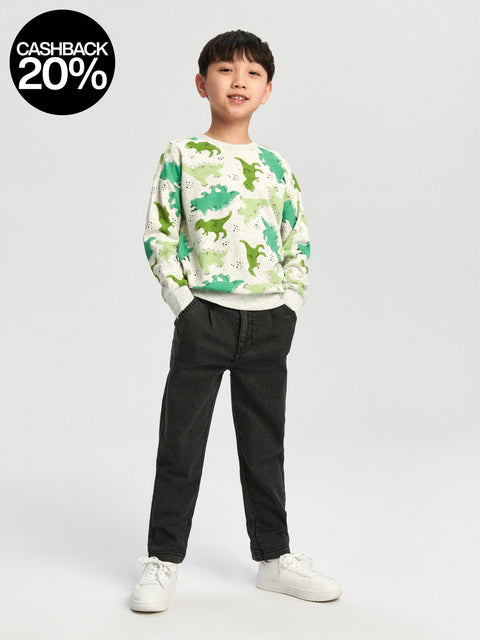 Child wearing a green dinosaur-patterned sweater with black pants on a white background