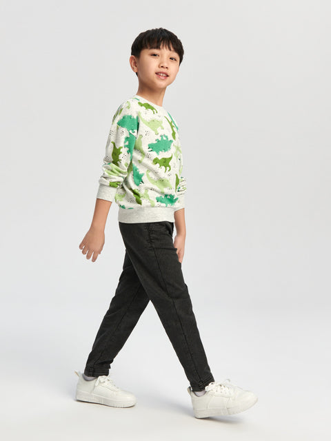 Child wearing a dinosaur-themed sweatshirt and black pants on a white background