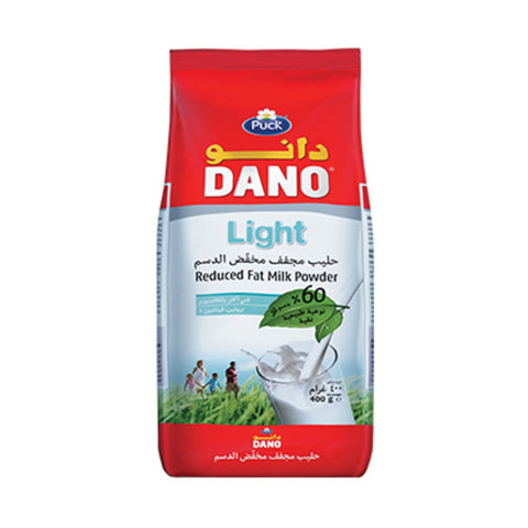 Dano Light reduced fat milk powder package on a white background