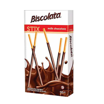 Box of Biscolata milk chocolate stix on a white background