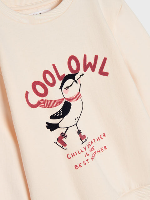 Beige sweatshirt with a cartoon owl wearing a scarf and boots, and text 'COOL OWL Chilly weather is the best weather' on a white background.