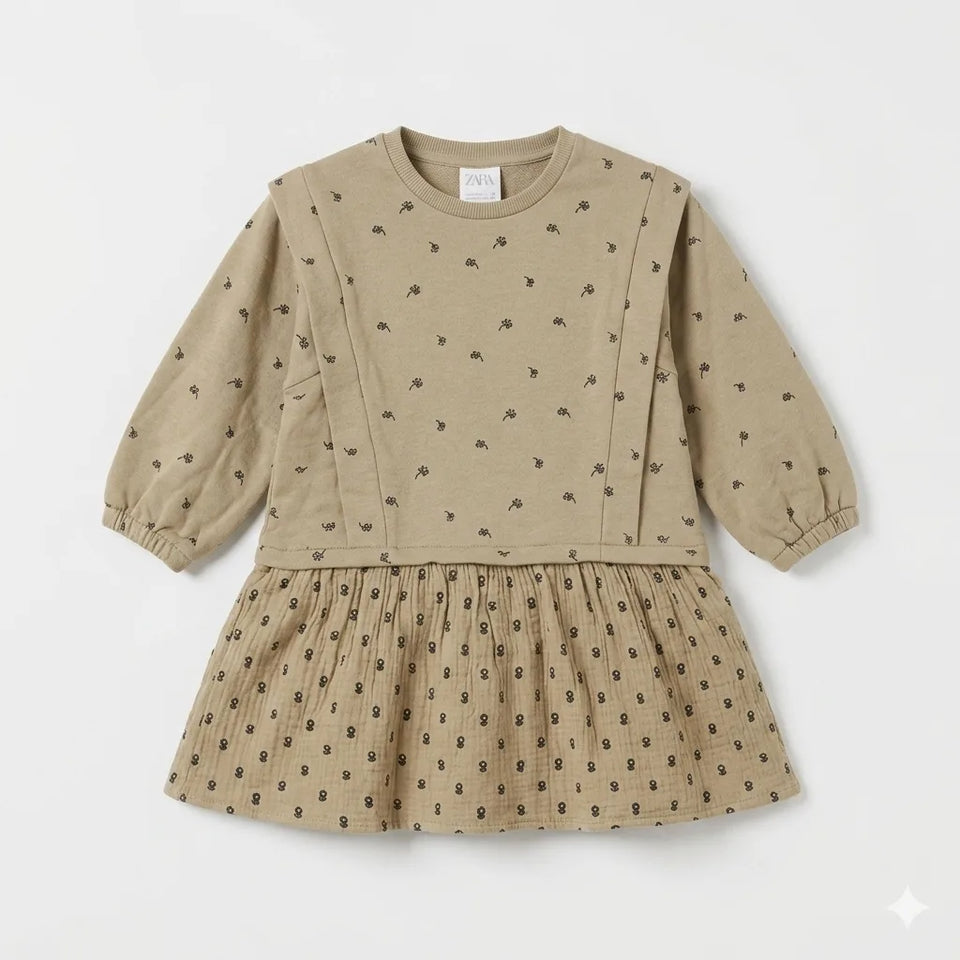 Zara Girl's Tan Floral Long Sleeves Dress | Zara in Lebanon