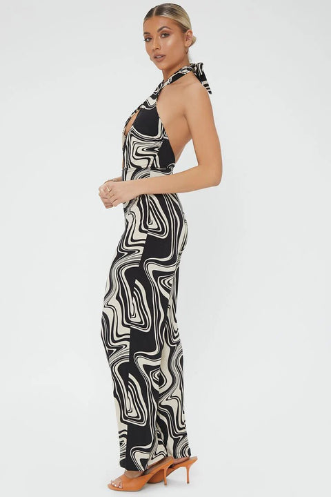 Forever 21 Women's Beige & Black Printed Halter V Neck Jumpsuit |Forever 21 In Lebanon