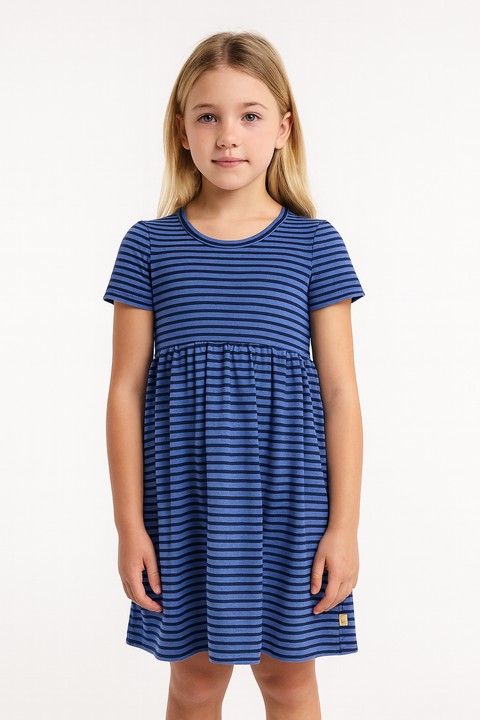 POMPdeLUX Girl's Navy Striped Short Sleeve Dress | POMPdeLUX in Lebanon