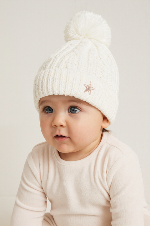 Reserved Baby Girl's White Beanie With Pom Pom | Reserved In Lebanon