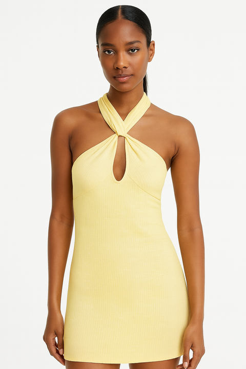 Forever 21 Women's Yellow Bodycon Tie-Neck Dress | Forever 21 In Lebanon