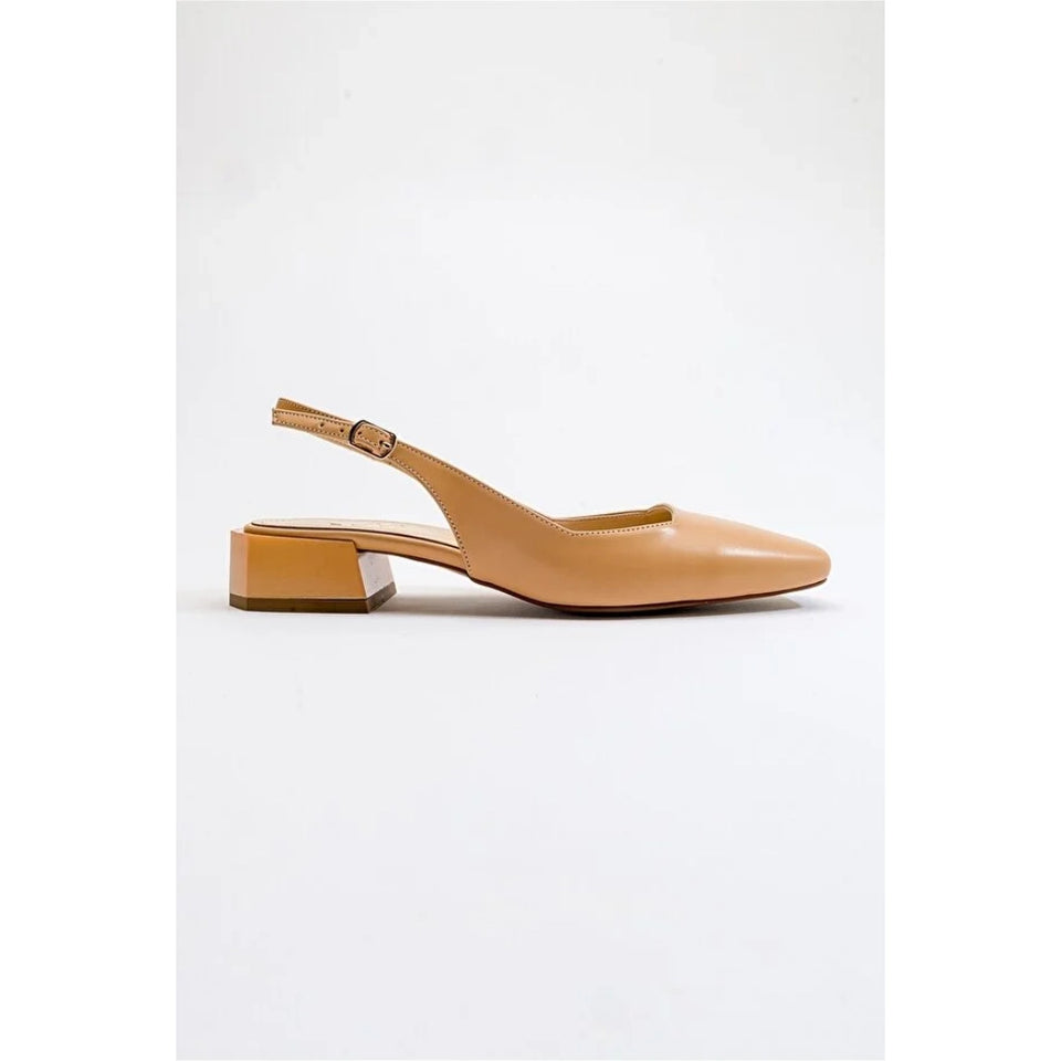 A single tan leather slingback mule with a low block heel and pointed toe, shown in profile against a plain white background.