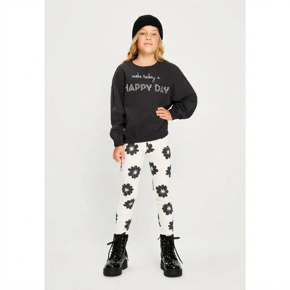 Sinsay Girl's Black with a White Text Sweatshirt and a Matching White Floral Leggings Set