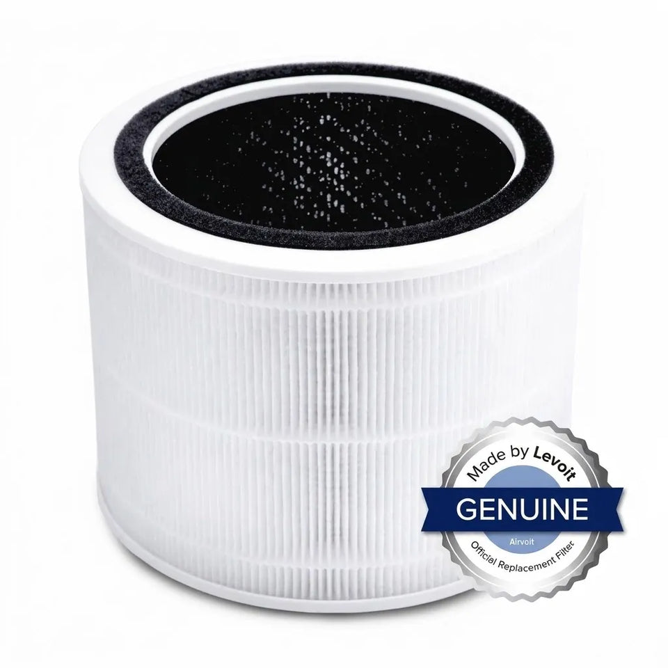 A white pleated cylindrical replacement air filter with a black foam interior, shown on a white background with a 'Genuine Made by Levolt' badge overlay.