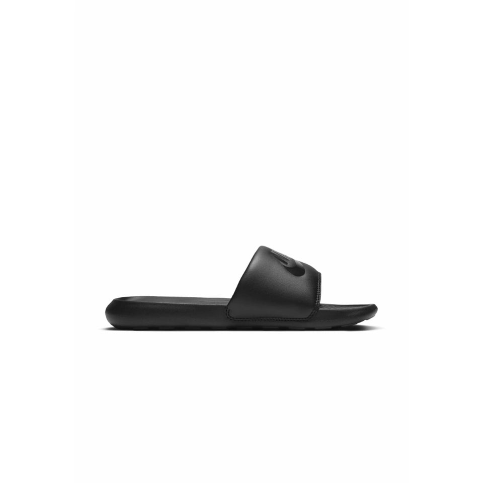 A single black slide sandal shown in side profile against a solid white background.