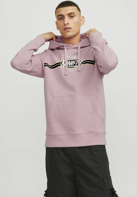 Person wearing a pink hoodie with a logo on a white background
