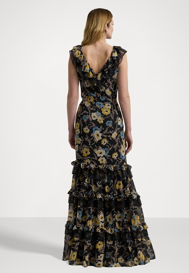 Lauren Ralph Lauren Women's Black Multi Floral Ruffle-Trim Georgette Gown Dress|Lauren Ralph Lauren In Lebanon
