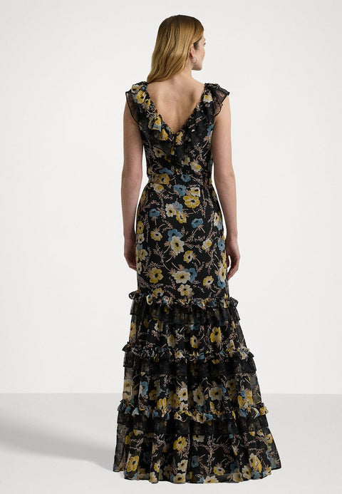 Lauren Ralph Lauren Women's Black Multi Floral Ruffle-Trim Georgette Gown Dress|Lauren Ralph Lauren In Lebanon