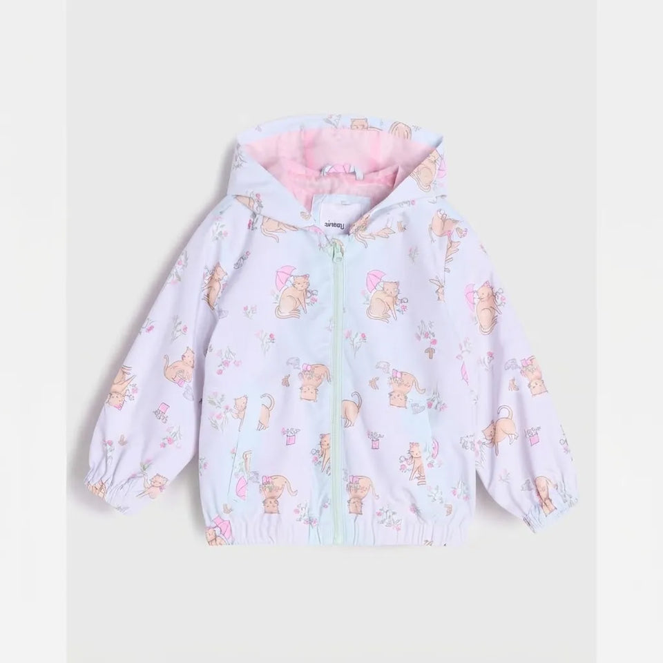 A children's hooded zip-up jacket in a very pale lavender or icy blue base, covered in a repeating print of teddy bears wearing pink umbrellas and small pink flowers. The hood lining and inner collar are light pink.