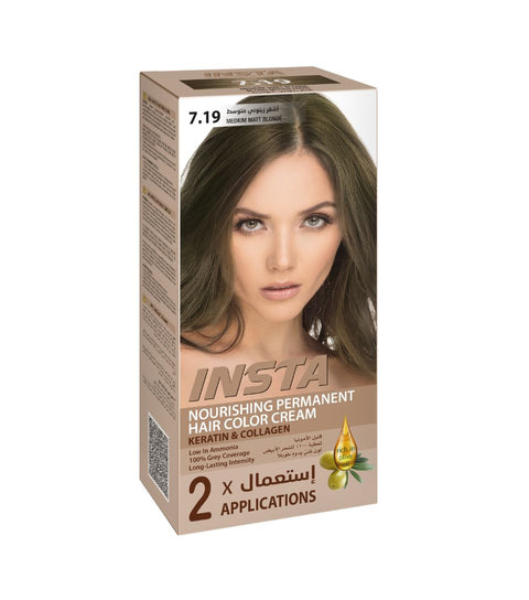 Insta Hair Coloring Cream Keratin & Collagen 7.19 Medium Matt  Blonde 110ml
