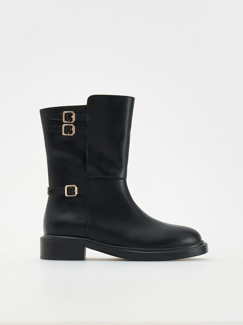 Reserved Women's Black Leather Buckles Design Boots | Reserved In Lebanon