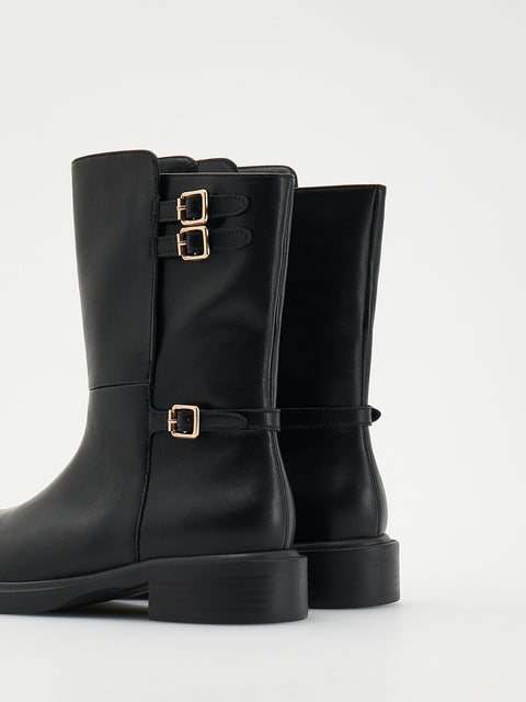 Reserved Women's Black Leather Buckles Design Boots | Reserved In Lebanon