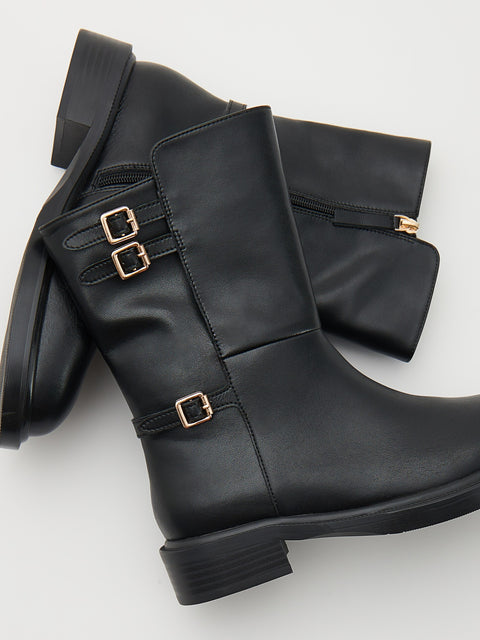Reserved Women's Black Leather Buckles Design Boots | Reserved In Lebanon