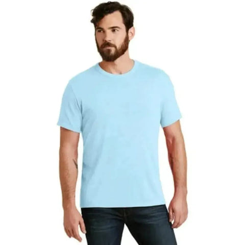 Man wearing a light blue t-shirt on a white background