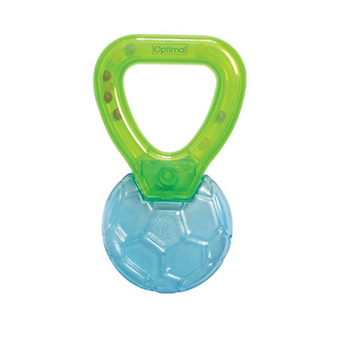 Green and blue baby teether with 'Optimal' branding on a white background