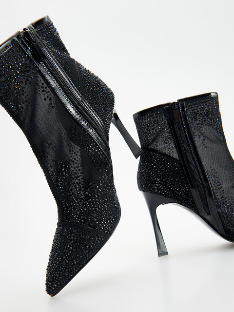Reserved Women's Black Shiny Stones Heeled Ankle Boots | Reserved In Lebanon