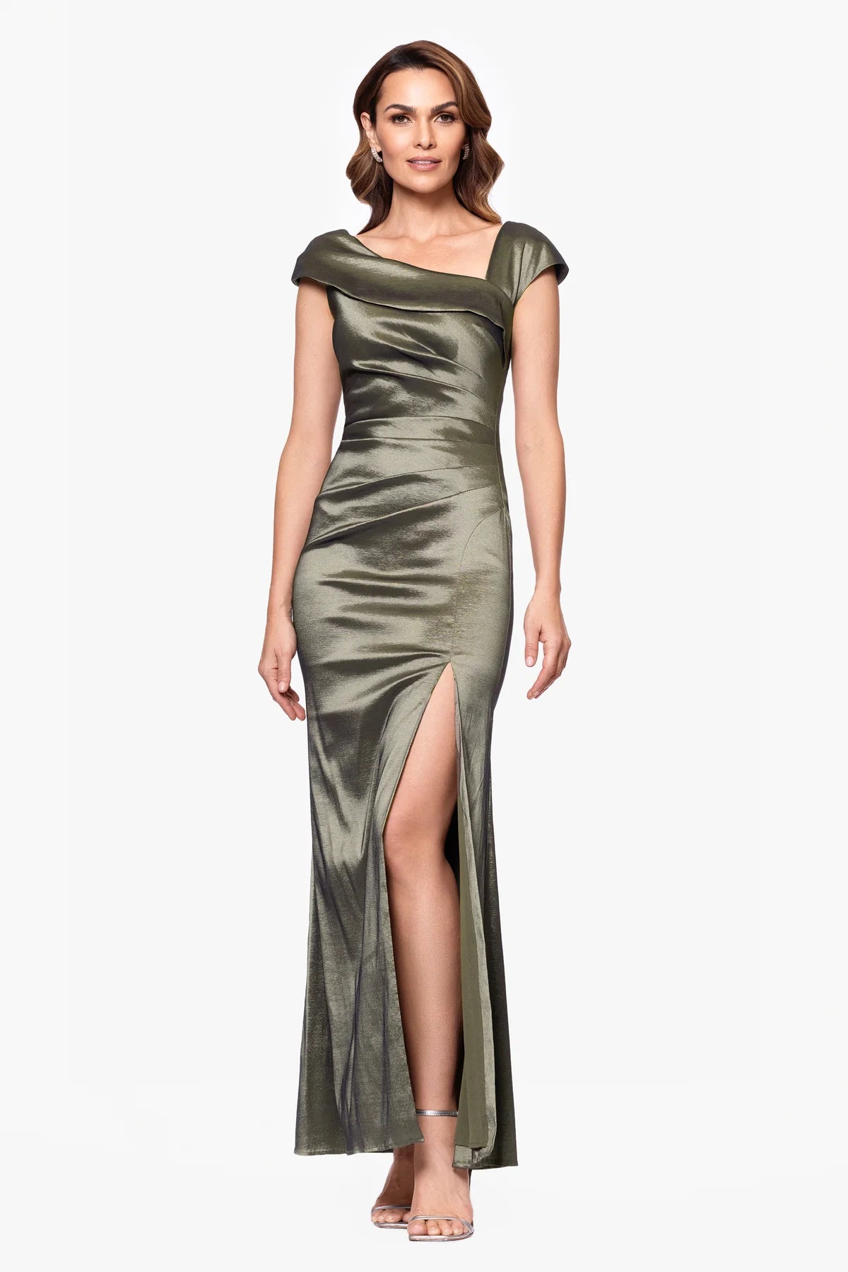 Xscape Women’s Olive Green Ruched Satin Evening Gown Dress | Xscape in Lebanon