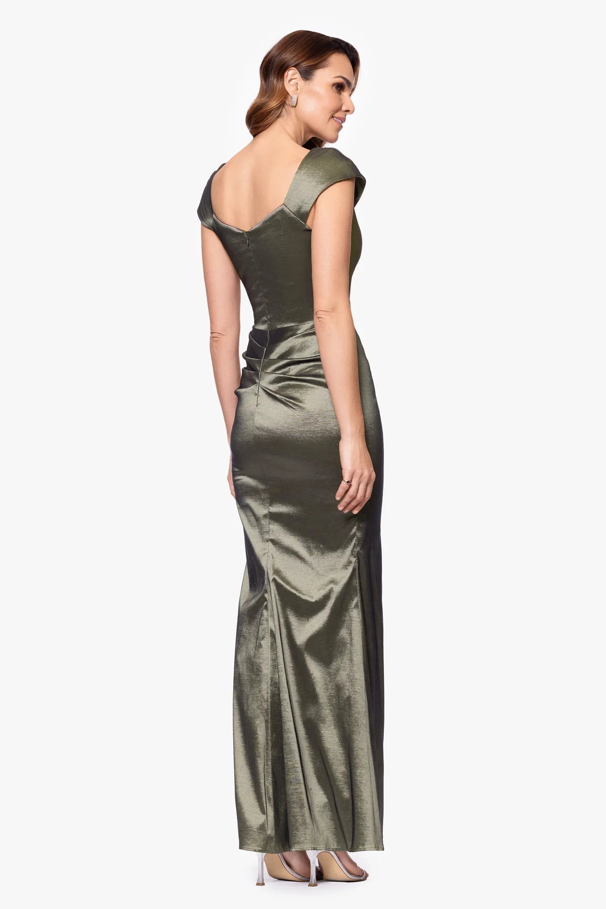 Xscape Women’s Olive Green Ruched Satin Evening Gown Dress | Xscape in Lebanon