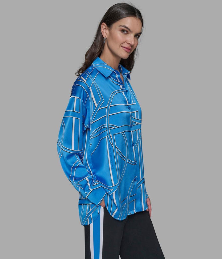Karl Lagerfeld Paris Women's Blue Multi Satin Button-Front Shirt | Karl Lagerfeld Paris In Lebanon