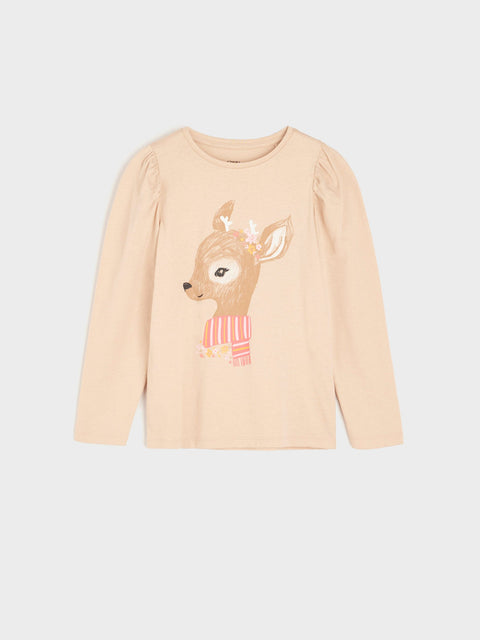 Beige long-sleeve shirt with a deer graphic on a light gray background