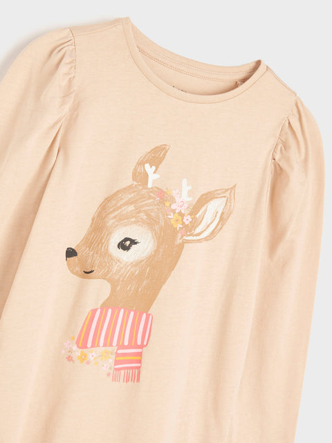 Beige long-sleeve shirt with a deer graphic on a light gray background