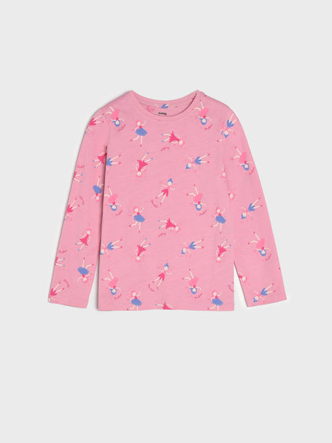Pink long-sleeve shirt with ballerina print on a light pink background