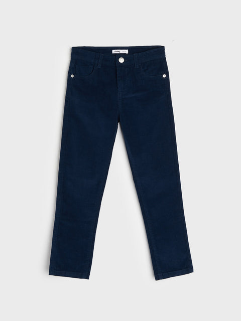 Navy blue pants on a light gray background