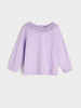 Lavender long-sleeve top with lace collar on a white background